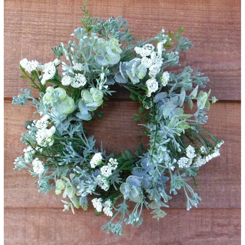 Dusty‎ Miller Mini Wreath, Eucalyptus, White Flowers, Candle Ring